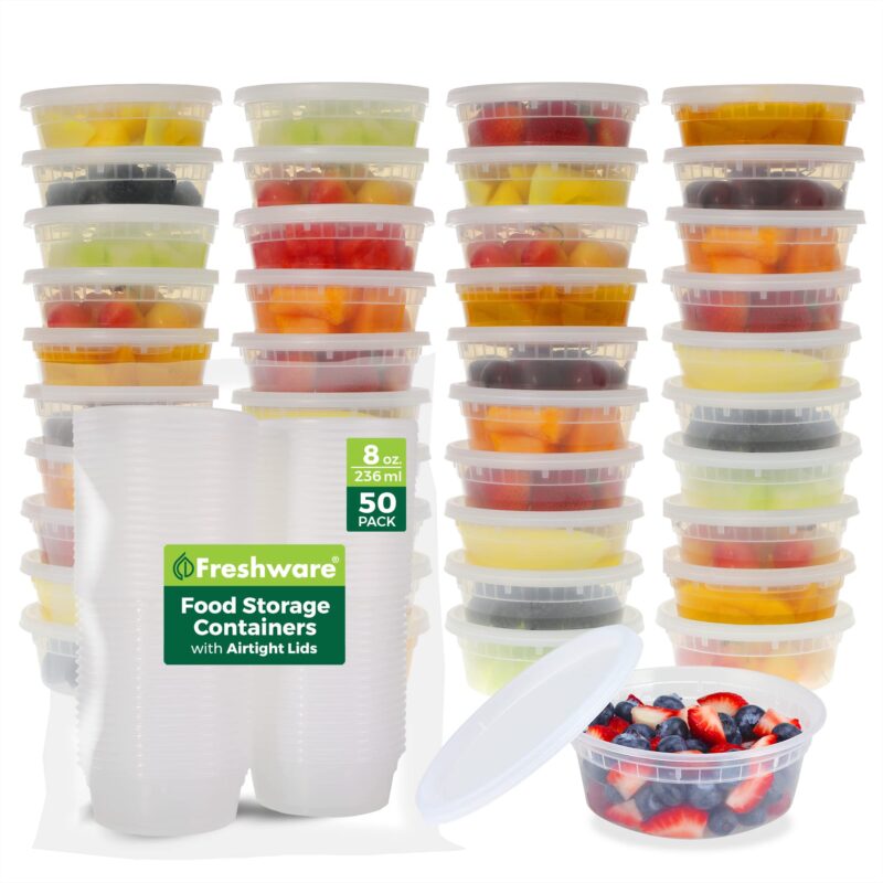 Freshware Food Storage Containers [50 Set] 8 oz Plastic Deli Containers with Lids, Slime, Soup, Meal Prep Containers | BPA Free | Stackable | Leakproof | Microwave/Dishwasher/Freezer Safe 8 oz, 50-Set