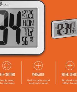 Marathon Atomic Wall Clock, Silver - Large 9-Inch Display - AM/PM or 24-Hour Time, 8 Time Zones, Indoor Temperature, Day & Date - Two AA Batteries Included Silver Brushed Steel + Round Edges Large, 9-Inch Display 20 71xeu8egGL