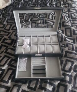 SONGMICS 12-Slot Watch Box, Lockable Watch Case with Glass Lid, 2 Layers, with 1 Drawer for Rings, Bracelets, Gift Idea, Black Synthetic Leather, Gray Lining UJWB012 Black + Gray 12 Slot 47 71xgXMkvuL