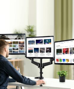 HUANUO Triple Monitor Mount for 17 to 32 inch Screens, 3 Monitor Desk Mount Stand with Gas Spring Adjustment Swivel Tilt Rotation with Clamp & Grommet Kit, Hold up to 17.6lbs, Black 33 71xil83FimL 2