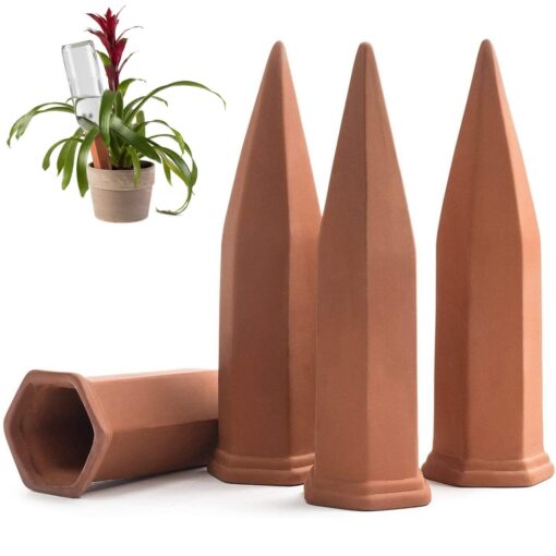 Modern Innovations Ceramic Terracotta Self Watering Spikes (4 Pack) Vacation Automatic Plant Waterer Devices, Indoor/Outdoor Planter Insert, Terra-Cotta Stakes for Potted Plants, Auto-Water System 4 Pack