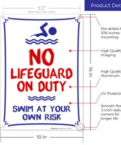 No Lifeguard On Duty Swim at Your Own Risk Sign, Pool Sign, 10x14 Heavy 0.40 Aluminum Weather/Fade Resistant, Easy Mounting, Indoor/Outdoor Use, Made in USA 15 71xrG5Zt77L