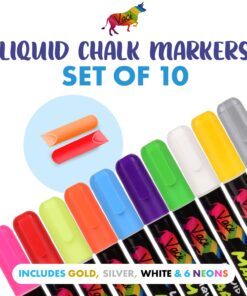 Vaci 10 Multicolored Liquid Chalk Markers | Erasable, Non-Toxic, Water-Based Pens | 6 mm Reversible Tips - Bullet & Chisel | On Chalkboards, Windows, Glass, Mirrors, Blackboards & More | Kids & Adults 10 Markers Set + Drawing Stencils 23 71xs0mRyVCL 1