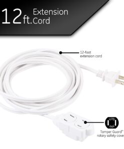 Alternative view of GE 3-Outlet Extension Cord with Multiple Outlets 12 Ft Extension Cord Power Strip 2 Prong 16 Gauge Twist-to-Close Safety Outlet Covers Outdoor Extension Cord Outlet Extender UL Listed White 51954 1 Pack