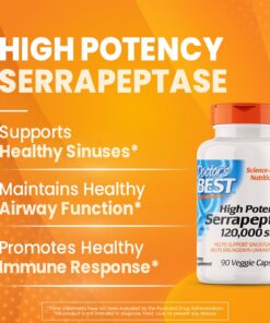 Doctor's Best High Potency Serrapeptase, Non-GMO, Gluten Free, Vegan, Supports Healthy Sinuses, 120,000 SPU, 90 Count 90 Count (Pack of 1) 21 71y0RYGE0lL