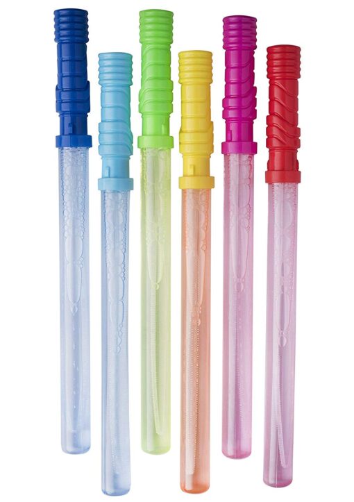 Bubble Play 6 Pack of Bubble Wands Giant 4oz Bubble Blowers for Kids in Assorted Rainbow Colors Large Sticks Come w/ Soap Solution & Wands All-in-One Perfect Party Favors for Birthday & More