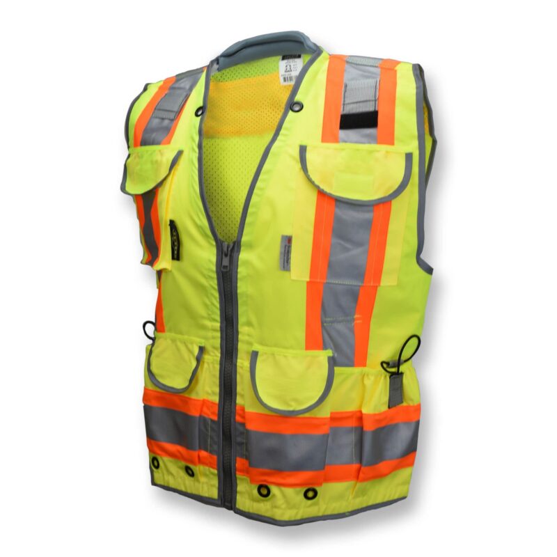 Catalog 1 Radians SV55 Class 2 Heavy Woven Two Tone Engineer Vest with Padded Neck to Support Extra Weight in Cargo Pockets X-Large Green