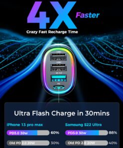 USB C Car Charger, 45W 4 Ports Super Fast Car Charger Adapter, PD 3.0 & QC 3.0 30W Type C Car Charger Compatible with iPhone13 Pro Max/Samsung Galaxy 22/Google Pixel, Cigarette Lighter USB Charger Black 35 71yj56VMB1L