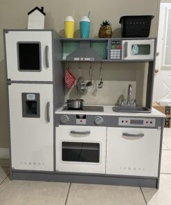 Amazon Basics Kids Upright Wooden Kitchen Toy Playset with Stove, Oven, Sink, Fridge and Accessories, for Toddlers, Preschoolers, Children Age 3+ Years, White & Gray, 39"L x 11.8"W x 39'H' Upright Kitchen 32 71yjUnxd5YL 1