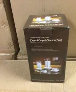 HIC Kitchen 9-Piece Stackable Espresso Coffee Set, Fine White Porcelain, 4 (4-Ounce) Cups with Matching Saucers and Metal Stand, Gift Boxed 21 71ylssotoL