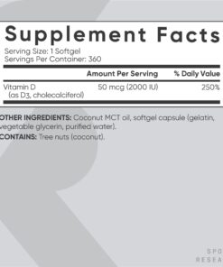 Sports Research Vitamin D3 2000 IU with Coconut MCT Oil - High Potency Vitamin D Supplement for Immune & Bone Support - Non-GMO Verified, Gluten & Soy Free – 50mcg, 360 Liquid Softgels D3 (2,000 IU) 23 71ym7ZreGOL
