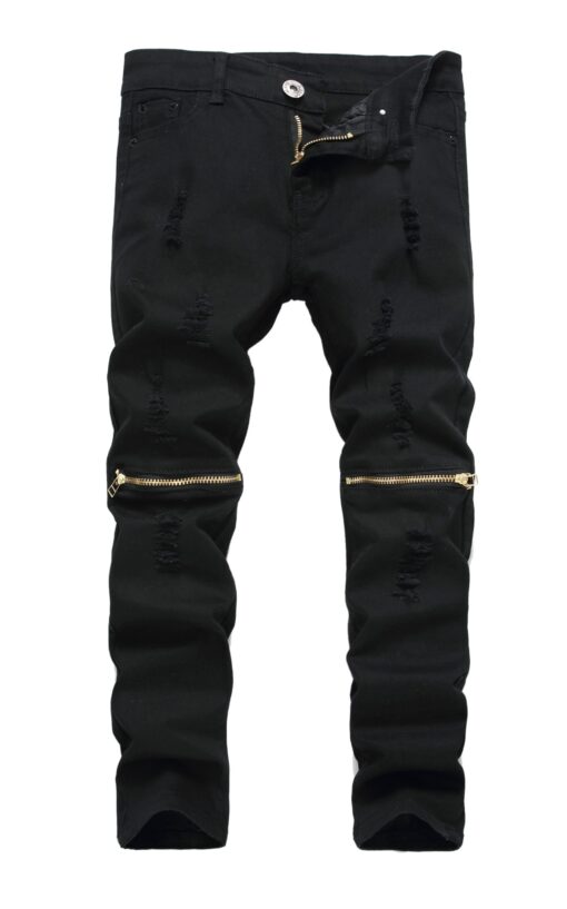 FREDD MARSHALL Boy's Slim Fit Skinny Ripped Distressed Zipper Jeans Pants with Holes 7 Black