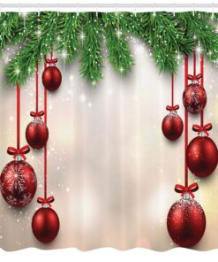 Alternative view of Ambesonne Christmas Shower Curtain, Xmas Traditional Winter Season Theme Fir Twigs and Vibrant Balls Print, Cloth Fabric Bathroom Decor Set with Hooks, 69" W x 70" L, Green and Red