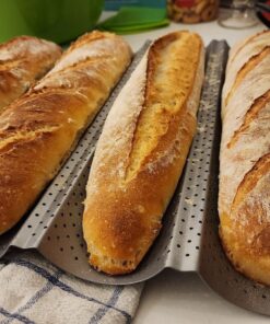 AMAGABELI GARDEN & HOME Nonstick Perforated Baguette Pan 15" x 13" for French Bread Baking 4 Wave Loaves Loaf Bake Mold Toast Cooking Bakers Molding 4 Gutter Oven Toaster Pan Cloche Waves Silver 4 Slots 31 71zIEObYztL