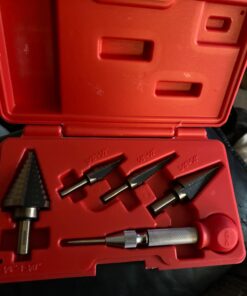 NEIKO 10169A Step Drill Bit Set and Automatic Center Punch | 5 Piece, 41 SAE Sizes Total, 1/8” – 1-3/8” | Titanium High Speed Steel Unibit, Stepper Cone Drill Bit | Two Flute Step Down Bits Straight Tri-Flat Shank 1/8 to 1-3/8", 4 bits 30 71zWm3 T1IL