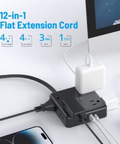 TROND Power Strip Surge Protector - Flat Plug Extension Cord, 8 Widely-Spaced Outlets, 4 USB Charger(1 USB C Port), 5FT Ultra Thin Cord, 1440J, Flat Wall Plug, Desk Charging Station for Travel, Black 5 FT-1 USB C 38 71zhgW0TDJL