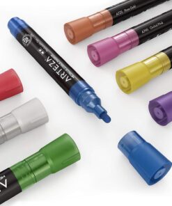 ARTEZA Liquid Chalk Markers Set of 8, Metallic Colors for Chalkboard, Blackboard, Glass, Mirror, Window, Restaurant Menu, and Classroom, Includes 8 Replaceable Chisel Tips, Tweezers, Labels, Stencils 15 71zldl5bR L