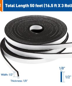 MAGZO Weather Stripping Door Seal, 1/2 Inch Wide X 1/8 Inch Thick Adhesive Foam Tape Soundproof Weatherstripping for Windows, 3 Rolls Total 50FT Black 1/2in * 1/8in * 50FT 28 71zmHBZcbXL