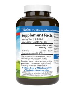 Alternative view of Carlson - Vitamin D3, 4000 IU (100 mcg), Bone & Immune Health, Cholecalciferol Supplement, Gluten Free Vitamin D Capsules, 360 Softgels