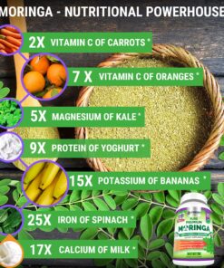 FRESH HEALTHCARE Moringa Oleifera 180 Capsules – 100% Pure Leaf Powder - 3 Month Supply - Non GMO and Gluten Free - Complete Green Superfood Supplement - Energy, Metabolism and Immune Support 20 81 0U2BCDbL