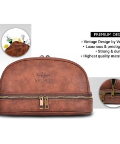 Vetell Classic Men's Leather Toiletry Bag and Dopp Kit with Upper and Lower Zippered Compartments, 2 Mesh Bottle Pouches, and Carrying Handle - The Best Gift for Men. 39 81 2Buf6DRL