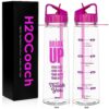 H2OCOACH Motivational Fitness Workout Sports Water Bottle with Time Marker | Measurements | Drink More Water Daily | Clear BPA-Free Tritan | Large 30 Ounce (Pink)