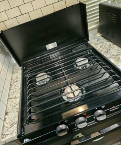 Camco Camper/RV Stove Top Cover | Features Hinged Design for Easy Access to Front Burners & Fits Most 3 or 4 Burner RV/Boat Stoves | Crafted of 20-Gauge Steel w/Powder-Coated Finish | Black (43554) 36 81 pdZx8o1L 1