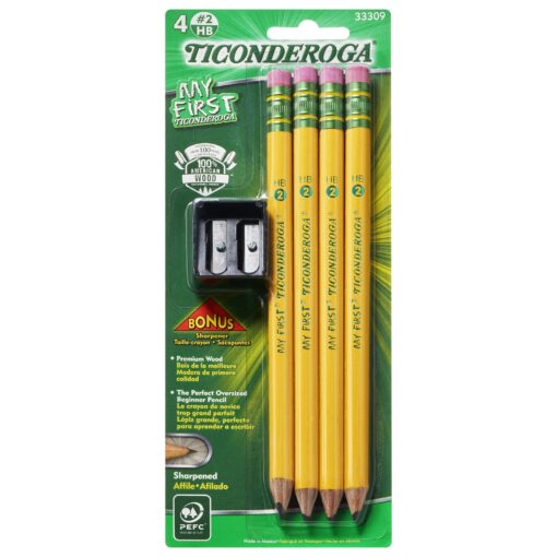 Ticonderoga My First Wood-Cased Pencils, Pre-Sharpened, 2 HB, With Sharpener, Yellow, 4 Count 4 Count w/ Sharpener