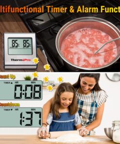 ThermoPro TP-16 Large LCD Digital Cooking Food Meat Smoker Oven Kitchen BBQ Grill Thermometer Clock Timer with Stainless Steel Probe Light Silver 25 81069x09TL