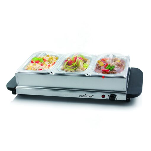 Nutrichef Professional Stainless Steel Buffet Warmer Server with 3 Trays | Portable Hot Plate Food Warmer Station for Parties & Events | Easy to Clean | 3 See-through lids | Max Temperature 175F 3 Pot 3.5 Quart