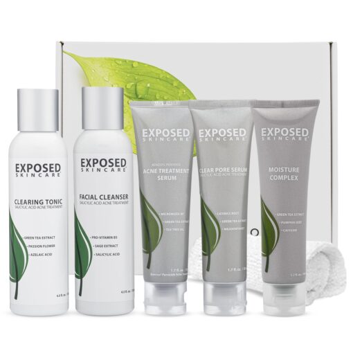 Exposed Skin Care Expanded Acne Treatment Kit - Includes Salicylic Acid Face Wash, Clearing Tonic, Treatment Serum with Benzoyl Peroxide, Clear Pore Serum, Moisture Complex - Made for All Skin Types Expanded Kit