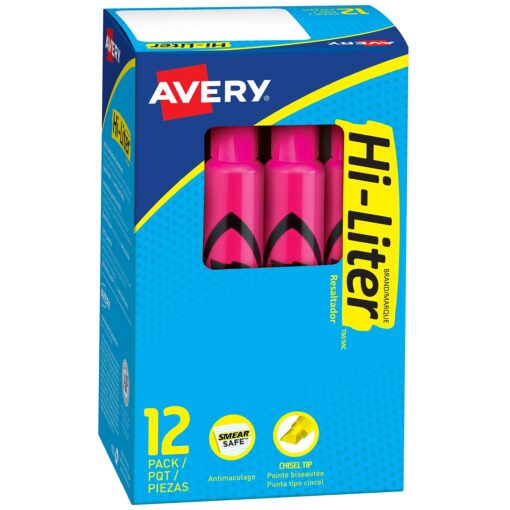 Avery Hi-Liter Desk-Style Highlighters, Smear Safe Ink, Chisel Tip, 12 Fluorescent Pink Highlighters (24010)