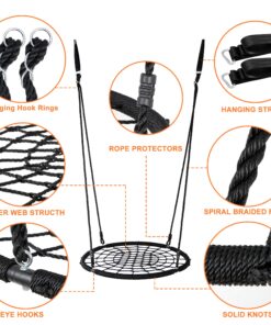 SUPER DEAL 40'' Spider Web Tree Swing Round Net Swing Platform Rope Swing Set for Kids Adult, 71" Detachable Nylon Rope with Swivel for Outdoor Backyard, Max 660 Lbs Extra Safe Steel Frame, Black 40 inch 26 810kzfNo4WL