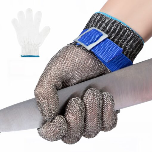 ARCLIBER Level 9 Cut Resistant Glove Stainless Steel Wire Metal Mesh Butcher Glove for Meat Cutting Oyster Shucking Chopping and Peeling Medium (Pack of 1) Blue Strap