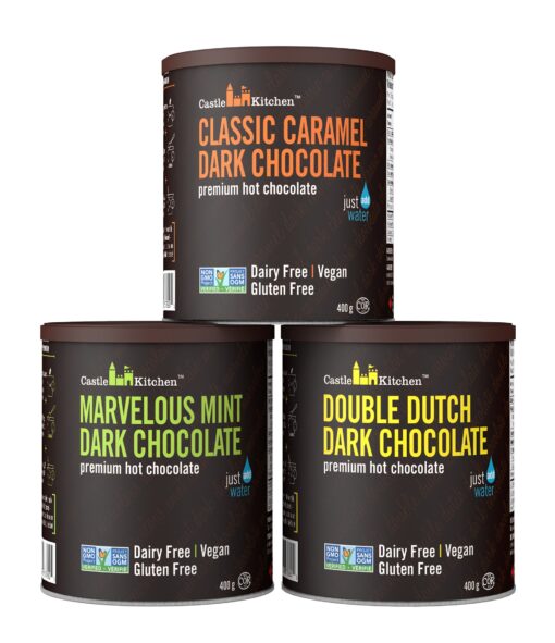 Castle Kitchen Natural Hot Chocolate Mix Variety Pack (42 Oz) - Dairy-Free, Vegan Complete Mixes - Just Add Water - Pack of 3 (Classic Caramel, Double Dutch, Marvelous Mint Dark Chocolate) 14 oz Each Caramel, Mint, Dark Chocolate 14 Ounce (Pack of 3)