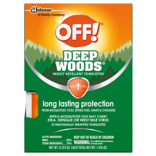 OFF! Deep Woods Mosquito and Insect Repellent Wipes, Long lasting, 12 Individually Wrapped Wipes