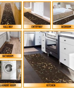 Machine Washable Leaves Design Non-Slip Rubberback 2x5 Traditional Runner Rug for Hallway, Kitchen, Bedroom, Entryway, 20" x 59", Brown Leaves Brown Runner - 20" x 59" 26 811OeQQ01uL
