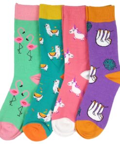 HSELL Womens Colorful Dress Crew Socks Fancy Flower Art Pattern Casual Cotton Socks Novelty Gift for Her 4 Pairs - Unicorns/Alpacas/Sloths/Flamingos 8 811SVA03PxL