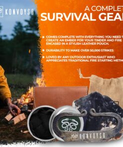 KonvoySG Carbon Steel Fire Striker, English Flint Stone & Char Cloth Traditional Hand Forged Fire Starter, Leather Gift Kit with Emergency Tinder Jute Bag Coyote Brown 11 811hyRospFL