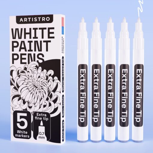 ARTISTRO White Paint Pen for Rock Painting, Stone, Ceramic, Glass, Wood, Tire, Fabric, Metal, Canvas. Set of 5 Acrylic Paint White Marker Water-based Extra-fine Tip 5 Extra-Fine White