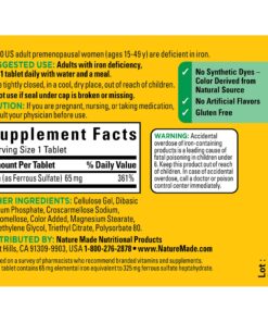 Nature Made Iron 65 mg (325 mg Ferrous Sulfate) Tablets, Dietary Supplement for Red Blood Cell Support, 180 Tablets, 180 Day Supply Unflavored 180 Count (Pack of 1) 23 811kYOhsrJL