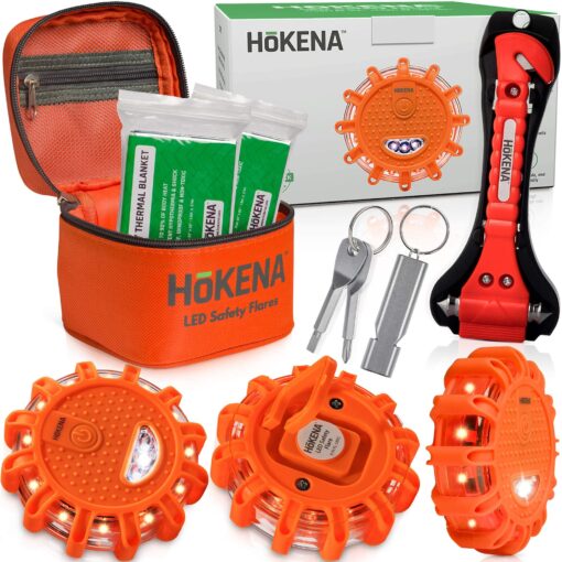 HOKENA LED Road Flares 9 Piece Set, Emergency Lights Complete Car Safety Kit, Roadside Warning Flare Beacon Disc for Vehicle & Boat with Magnetic Base, with Batteries, Seatbelt Cutter & Window Breaker 3 Flares