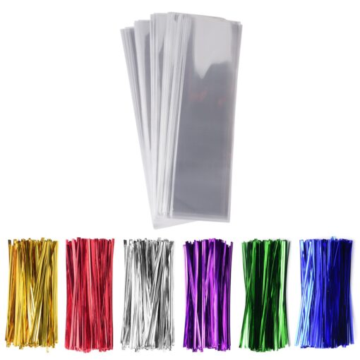 200 Pack 2" x 10" Clear Long Candy Cello Cellophane Treat Bags - 1.4mil thickness OPP Plastic Bags with 6 Mix Colors Twist Ties Perfect for Birthday Favor Candles Pretzel Icy Candy Popsicle 2'' x 10''