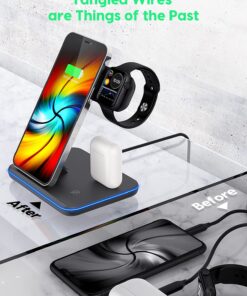 Wireless Charging Station, 2021 Upgraded 3 in 1 Wireless Charger Stand with Breathing Indicator Compatible with iPhone 12/11 Pro/XS/8, iWatch Series Black 25 812AgyzlOCL