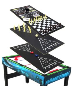 Sunnydaze 10-in-1 Game Table - Combination Multi-Game Table with Billiards, Push Hockey, Foosball, Ping Pong, and More - 49.5-Inch - Classic Wood Stain Game Time Blue 16 812nO1Z9yML
