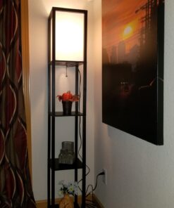 Floor Lamp with Shelves - Room Light by LIGHTACCENTS - Corner Storage Standing Bookshelf Lamp - Bedroom Light with Wooden Storage Shelves and White Cotton Linen Shade (Black) Black 50 8139zGKWzPL