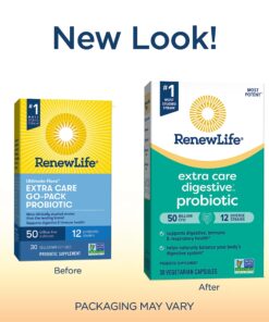 Renew Life Extra Care Go-Pack Probiotic Capsules, Daily Supplement Supports Immune, Digestive and Respiratory Health, L. Rhamnosus GG, Dairy, Soy and gluten-free, 50 Billion CFU, 30 Ct 30 Count (Pack of 1) 11 813LLOCA pL