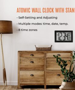 Alternative view of MARATHON Atomic Wall Clock with Stand, Black Frame/Black Stainless Steel Finish - Large, 9-Inch Display - AM/PM or 24-Hour Time Format, 8 Time Zones & Indoor Temperature - Two AA Batteries Included Black Brushed Steel + Square Edges