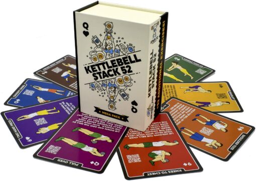 Stack 52 Kettlebell Exercise Cards. Workout Playing Card Game. Video Instructions Included. Learn Kettle Bell Moves and Conditioning Drills. Home Fitness Training Program. 2019 Mega Pack