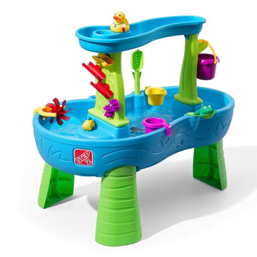 Step2 Rain Showers Splash Pond Toddler Water Table, Outdoor Kids Water Sensory Table, Ages 1.5+ Years Old, 13 Piece Water Toy Accessories, Blue & Green Without Umbrella PlaySet